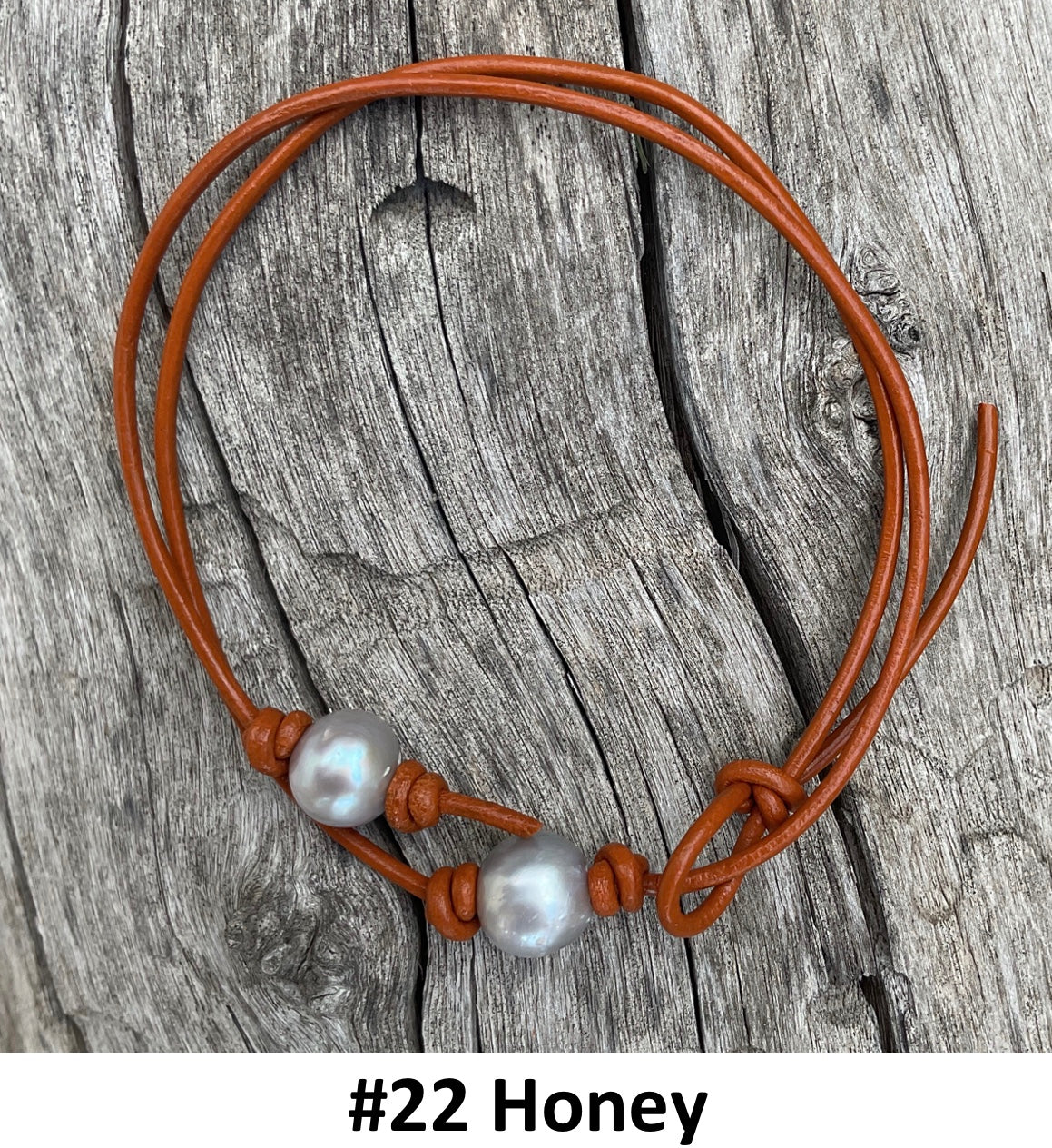 Single Gray Pearl Necklace, #22 Honey Leather Cord