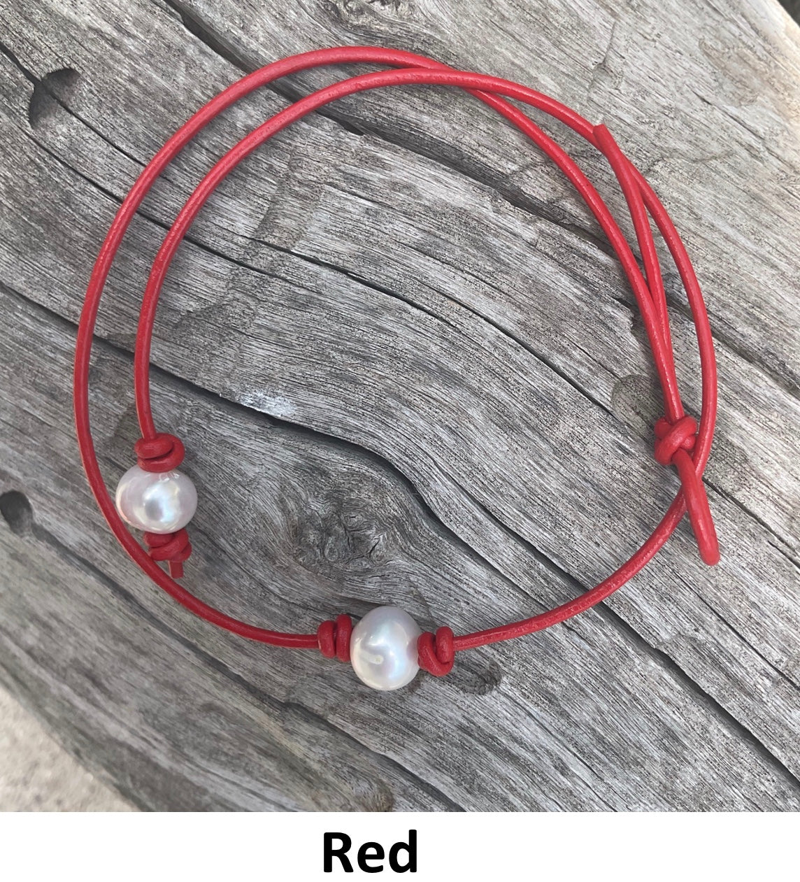 Single White Pearl Necklace, #15 Red Leather Cord