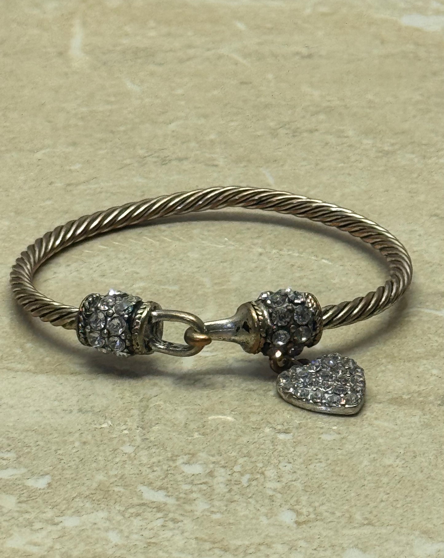Vintage Twisted Cable Silver-Tone Cuff Bracelet with Rhinestone Accents and Pavé Heart Charm