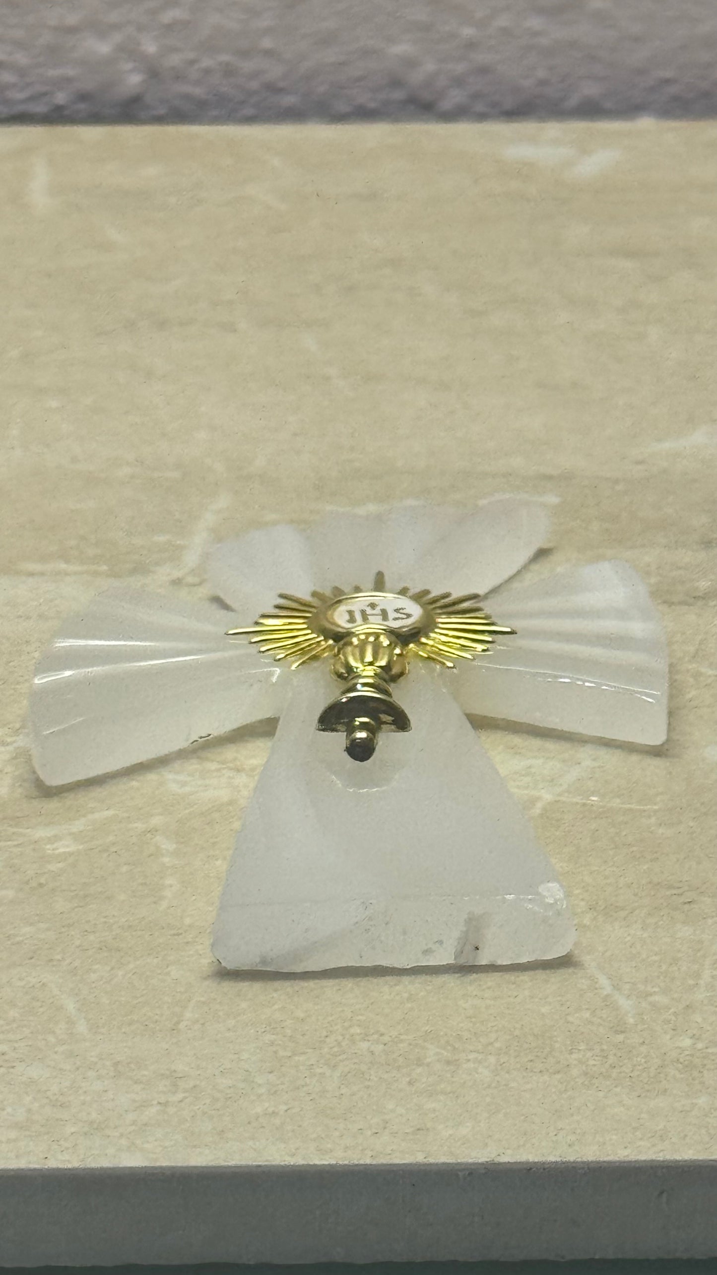 Eucharistic Monstrance Alabaster Table Cross with Gold JHS Sunburst Accent