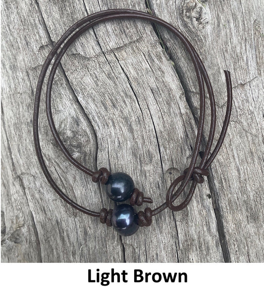 Single Black Pearl Necklace, #4 Light Brown Leather Cord