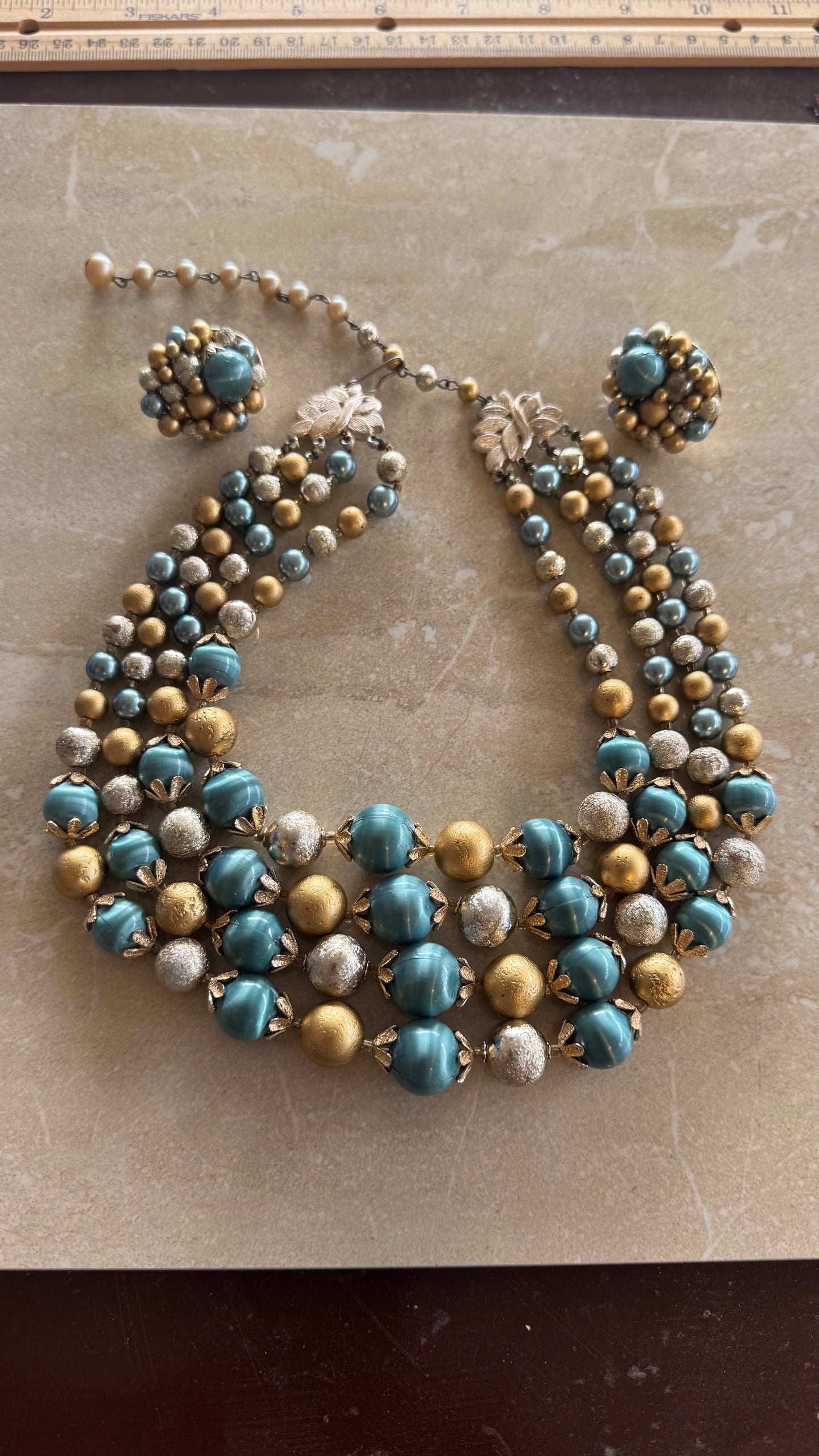 Teal Gold silver beaded necklace with matching earrings 16” length 4” extension