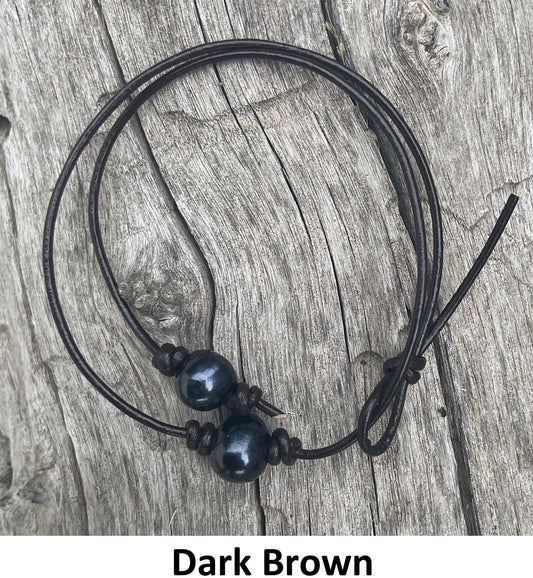 Single Black Pearl Necklace, #3 Dark Brown Leather Cord