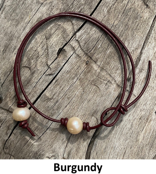 Single Pink Pearl Necklace, #20 Burgundy Leather Cord