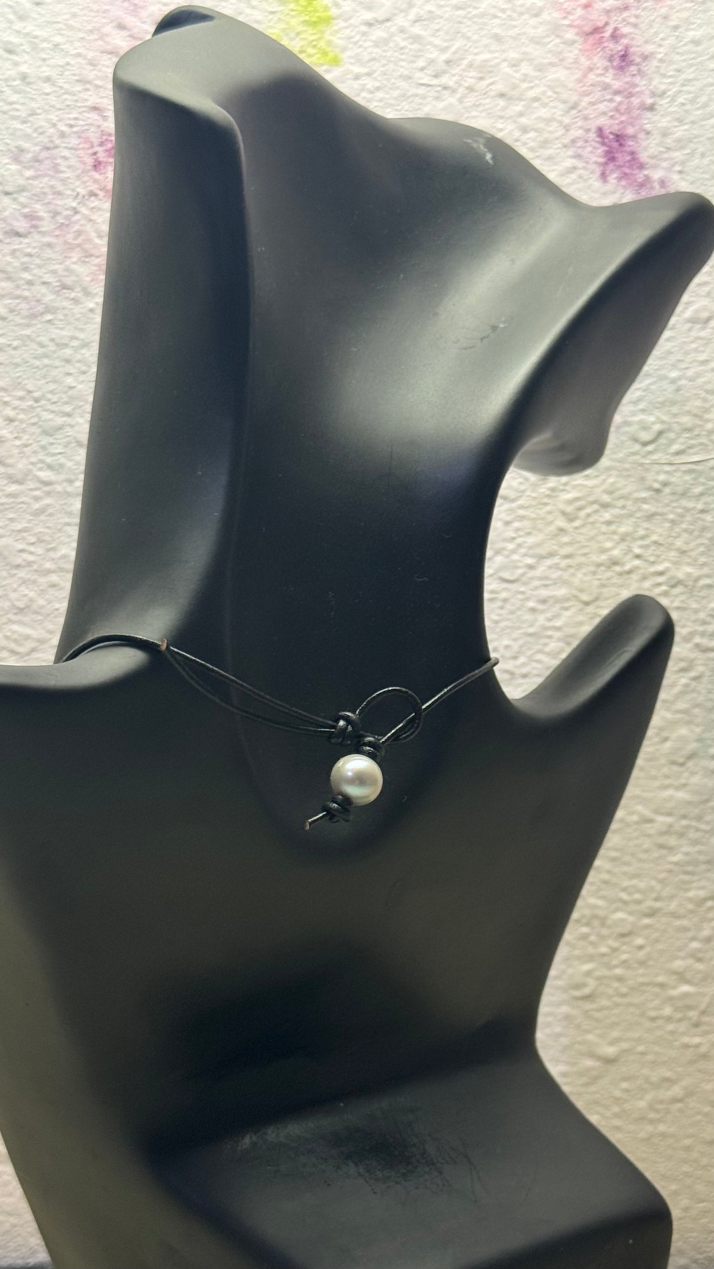 Triple Gray Pearl Necklace, #1 Black Leather Cord