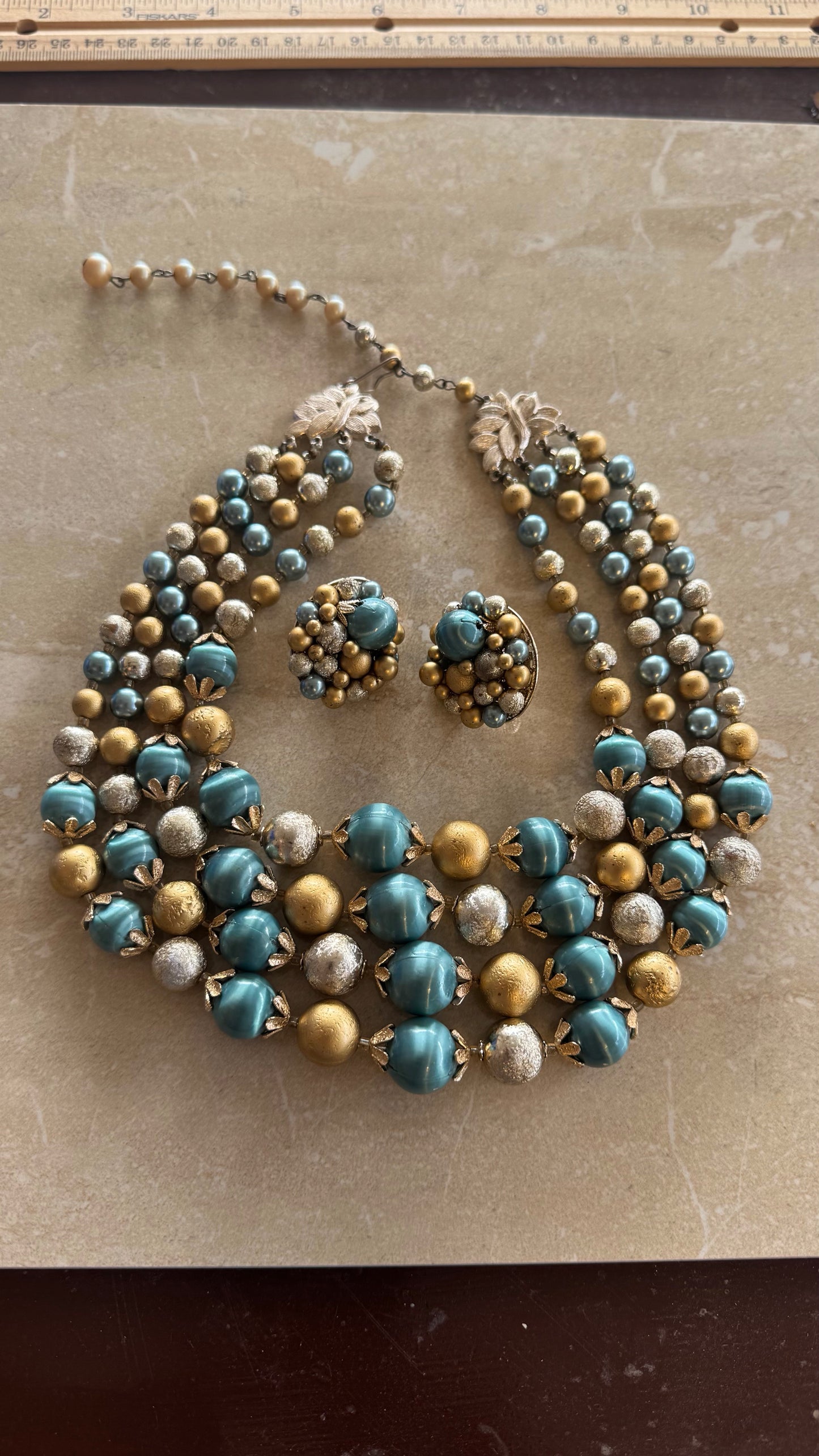 Teal Gold silver beaded necklace with matching earrings 16” length 4” extension