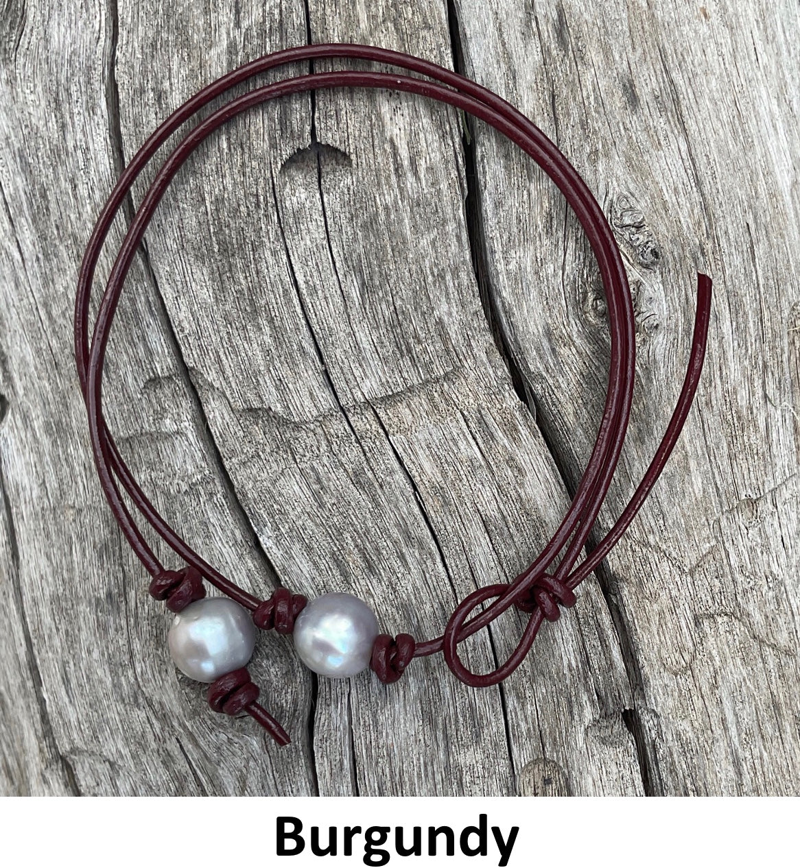 Single Gray Pearl Necklace, #20 Burgundy Leather Cord