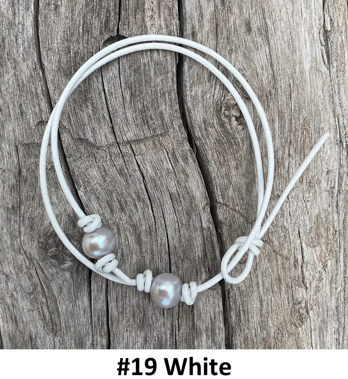 Single Gray Pearl Necklace, #19 White Leather Cord