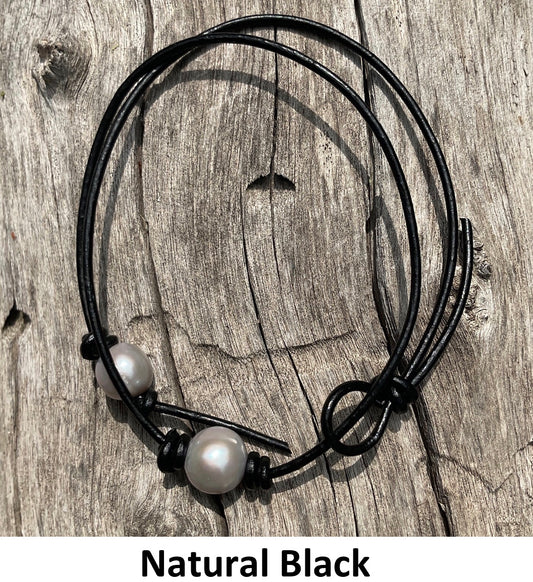 Single Gray Pearl Necklace, #5 Natural Black Leather Cord