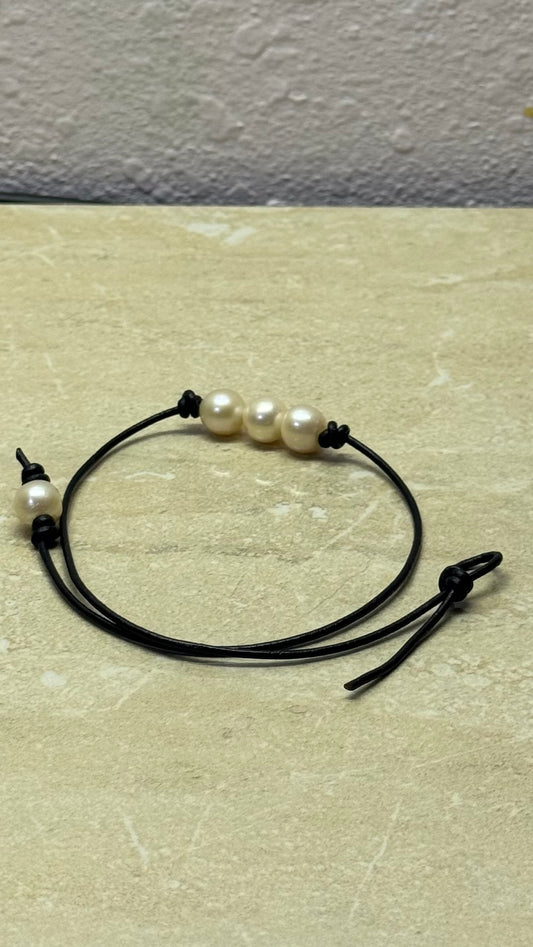 Triple Pink Pearl Necklace, #1 Black Leather Cord