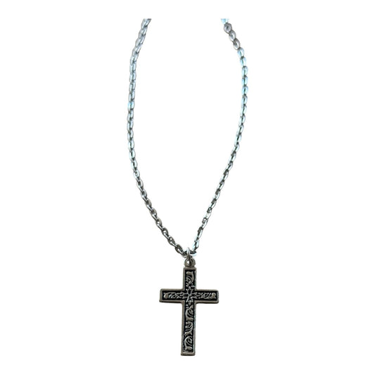 Justin Men's Large Stainless Steel Antiqued Filigree Cross Pendant Necklace