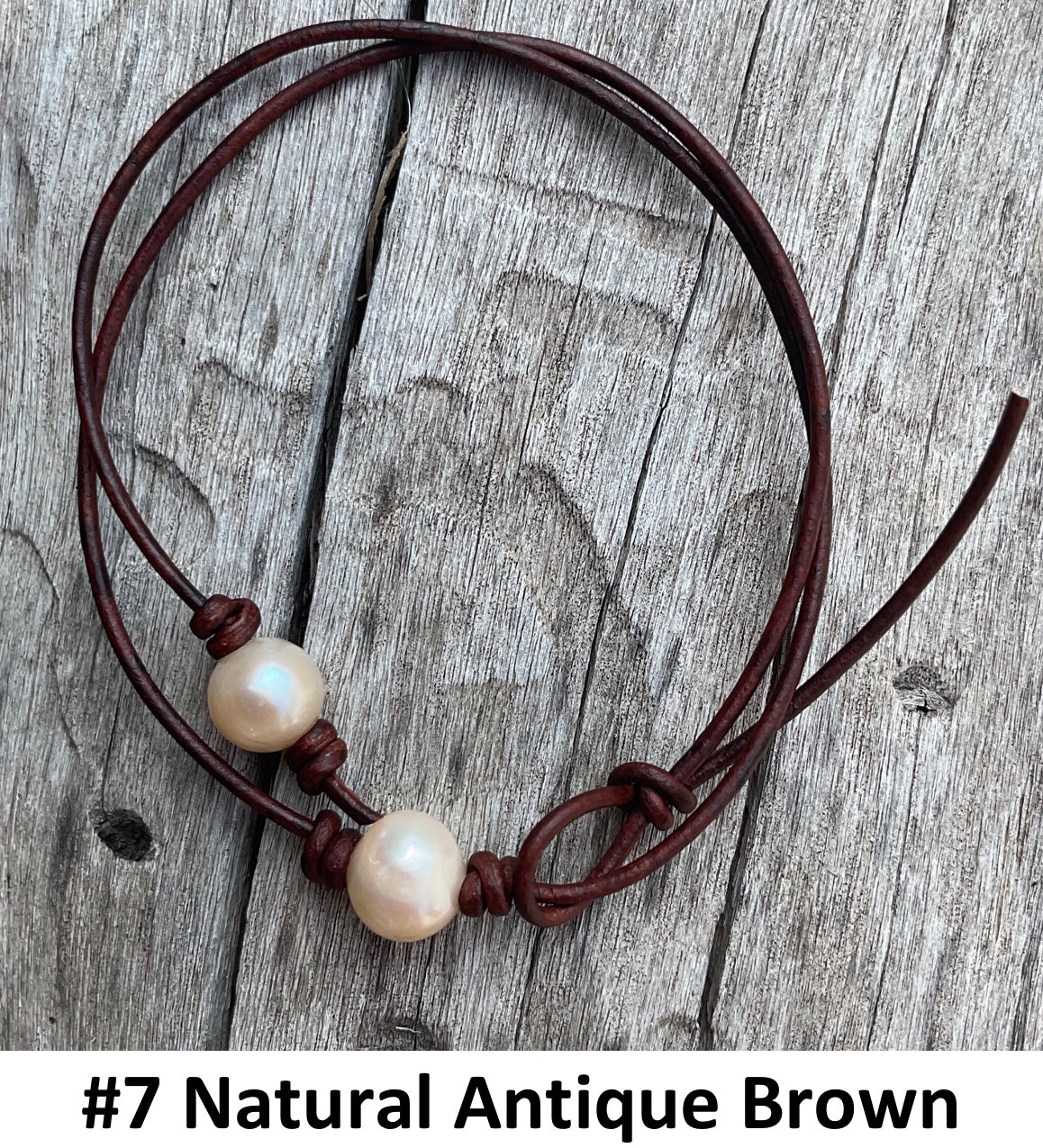 Single Pink Pearl Necklace, #7 Natural Antique Brown Leather Cord