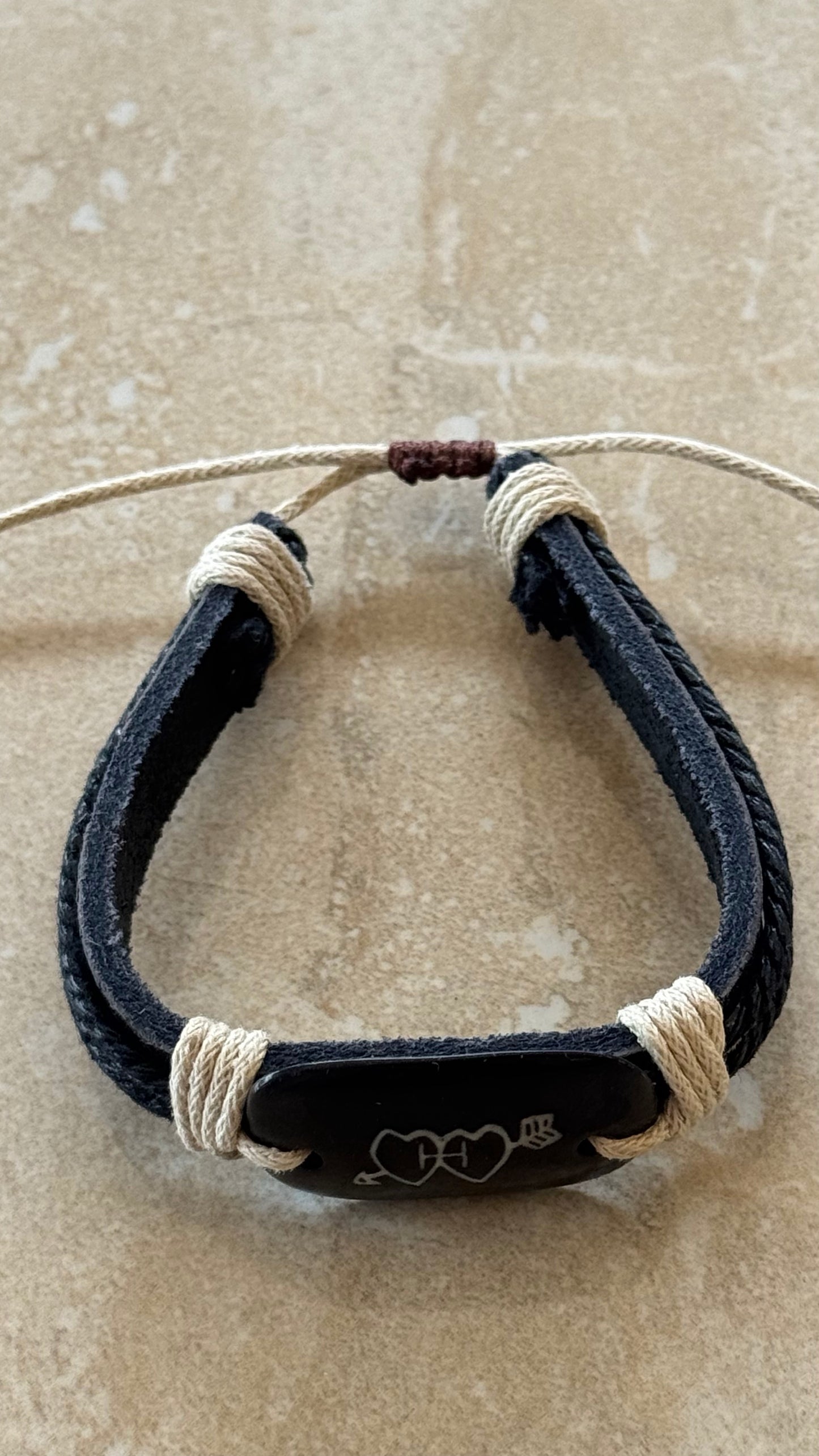 Black and white heart arrows pendant rope bracelet adjustable