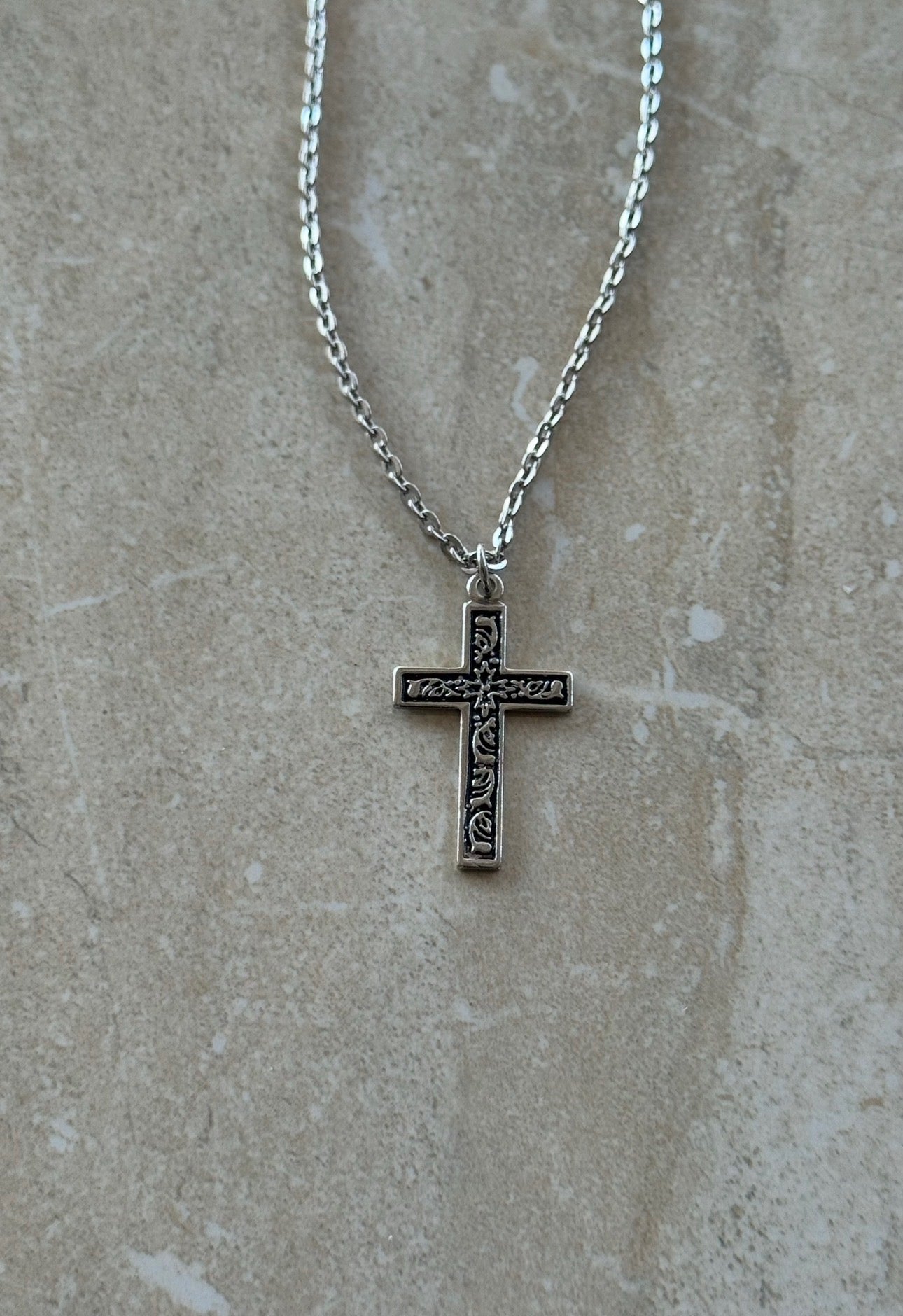 Justin Men's Large Stainless Steel Antiqued Filigree Cross Pendant Necklace