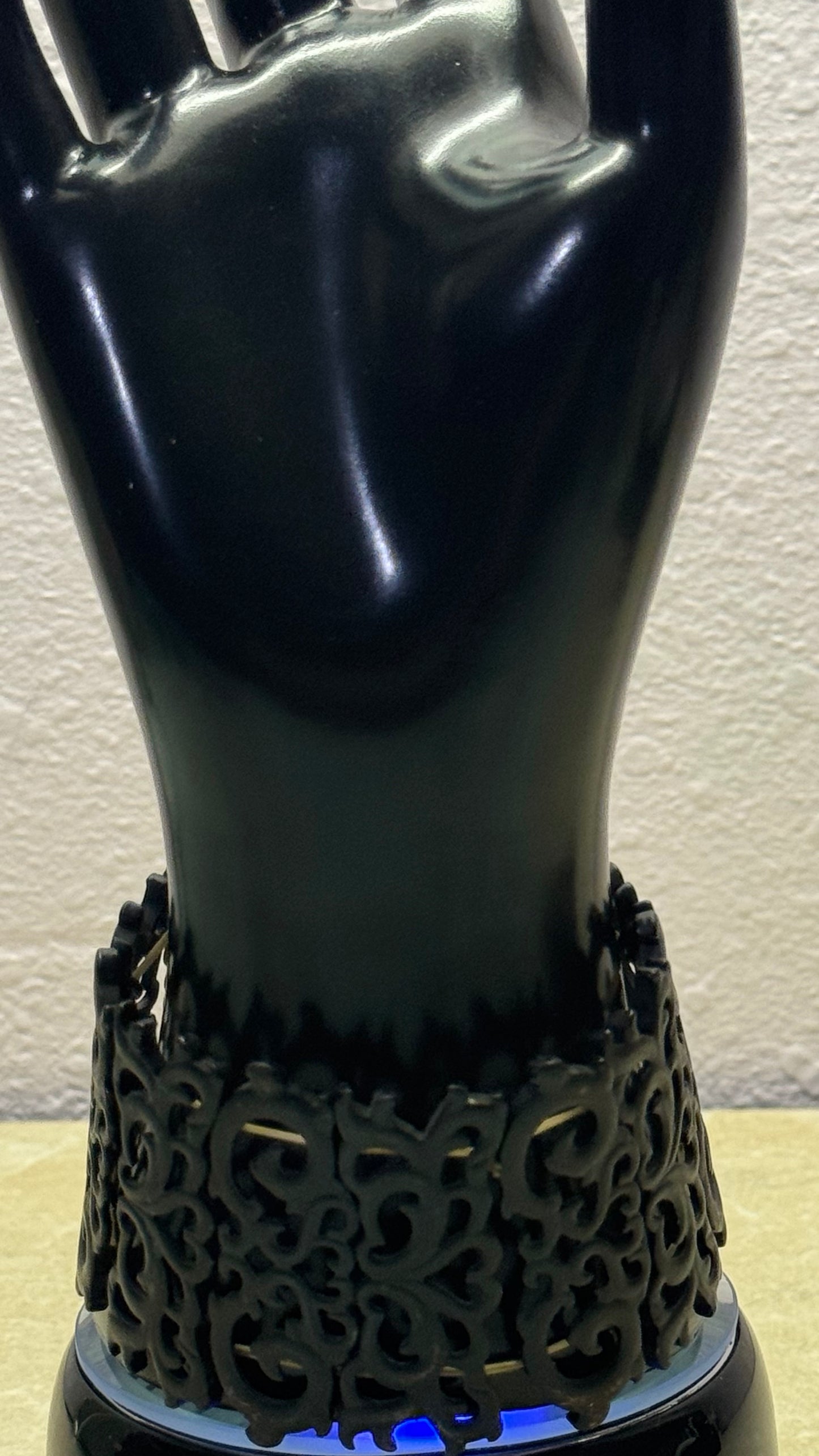 Artisanal Black Carved Openwork Stretch Cuff Bracelet with Gold-Toned Hardware