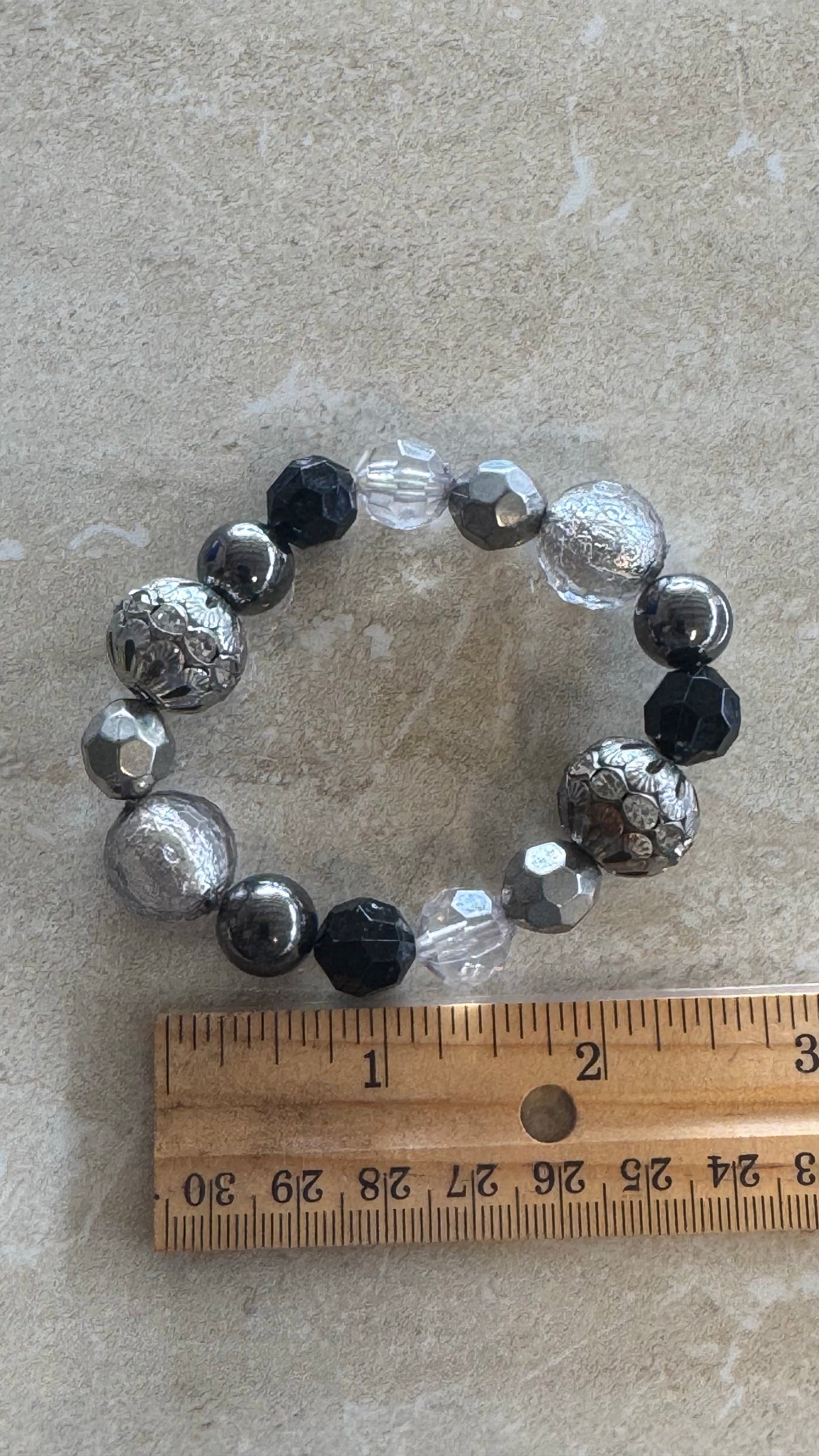 Vintage multi beaded black and silver flex bracelets 2(1/2)” diameter