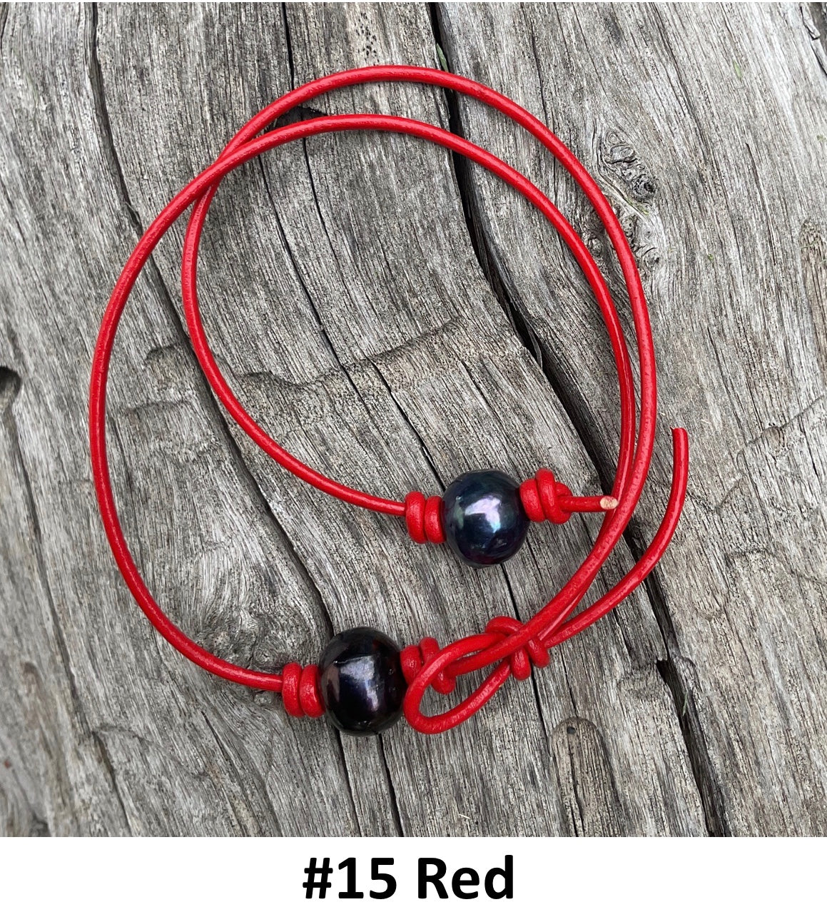 Single Black Pearl Necklace, #15 Red Leather Cord