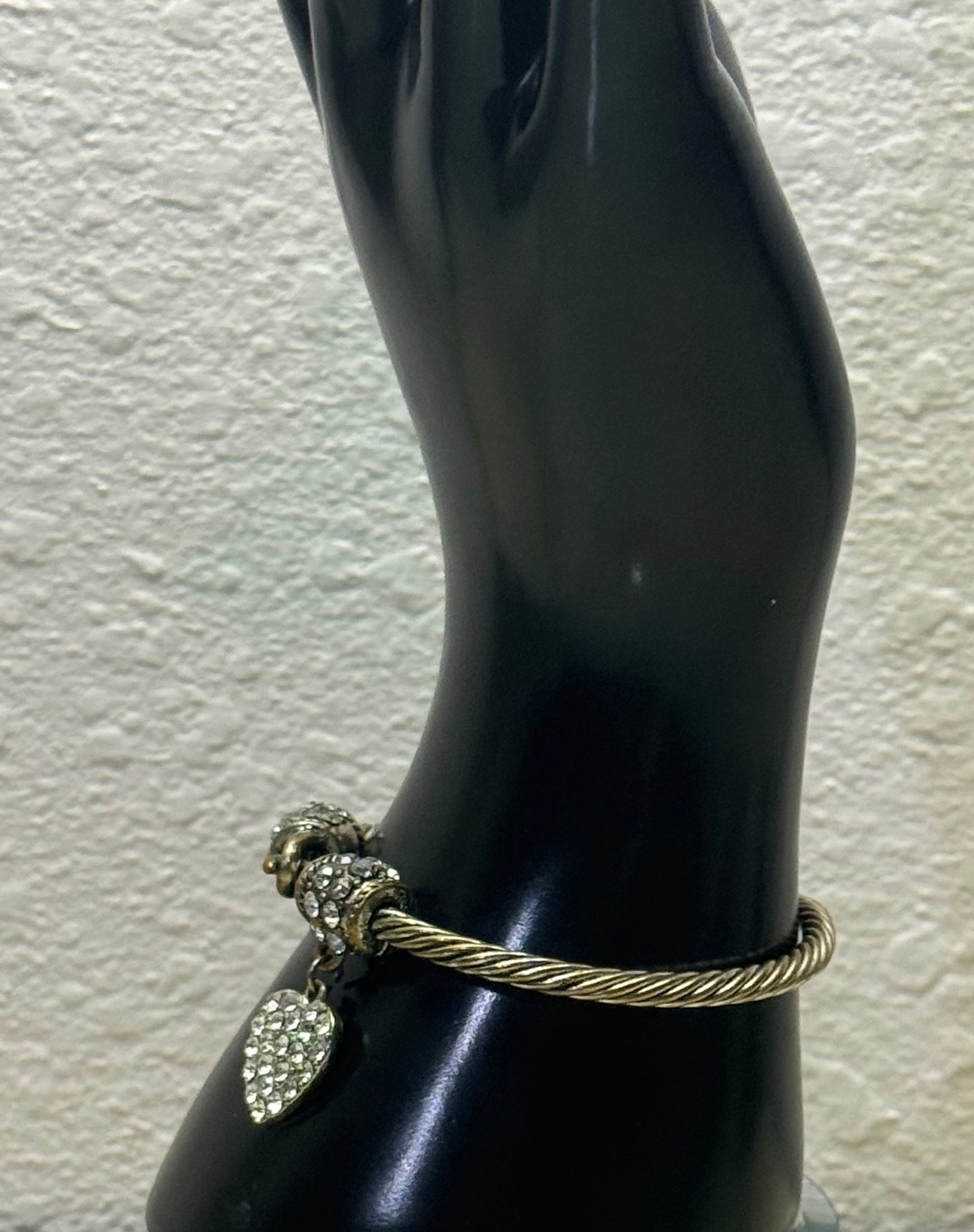 Vintage Twisted Cable Silver-Tone Cuff Bracelet with Rhinestone Accents and Pavé Heart Charm