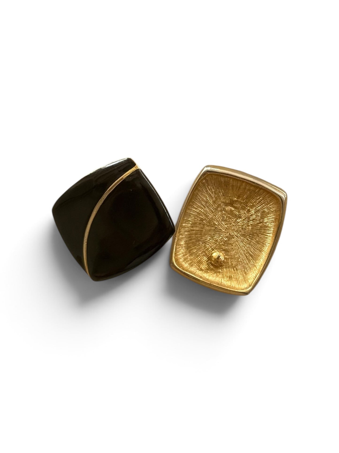 Vintage 1980s Black Enamel and Gold-Plated Square Stud Earrings