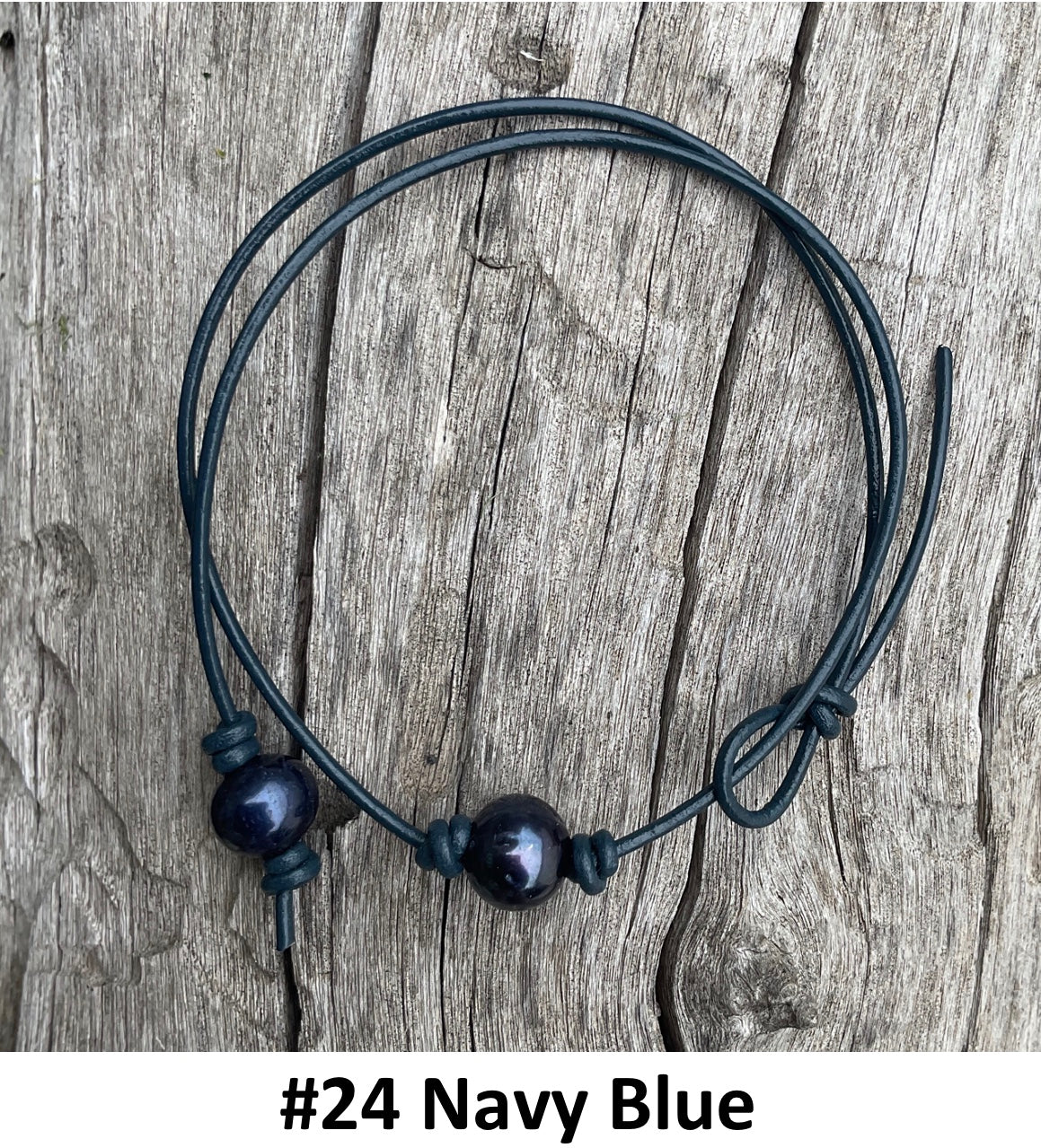 Single Black Pearl Necklace, #24 Navy Blue Leather Cord