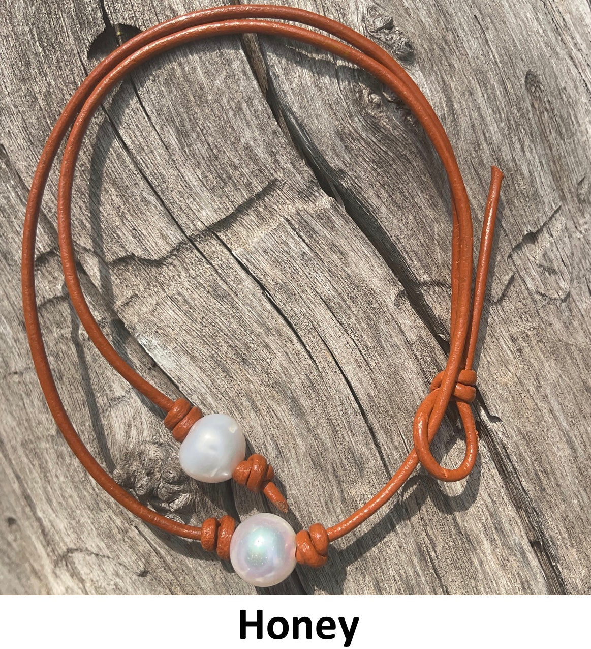 Single White Pearl Necklace , #22 Honey Leather Cord