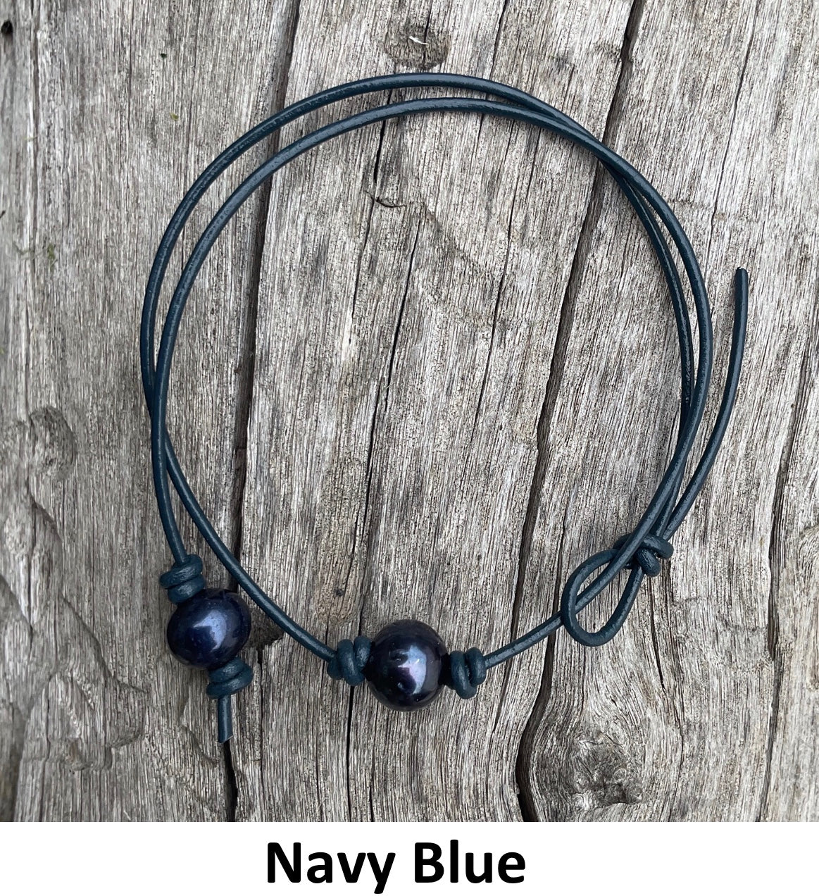 Single Black Pearl Necklace, #24 Navy Blue Leather Cord