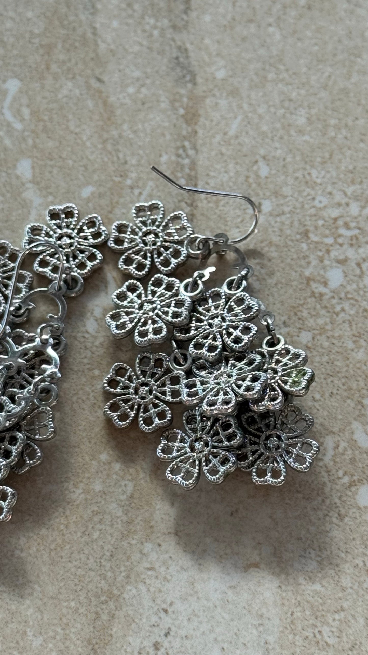 Vintage Silver Tone Cascade Floral Dangle Earrings 2(1/2)” long