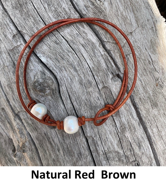 Single White Pearl Necklace, #8 Natural Red Brown Leather Cord