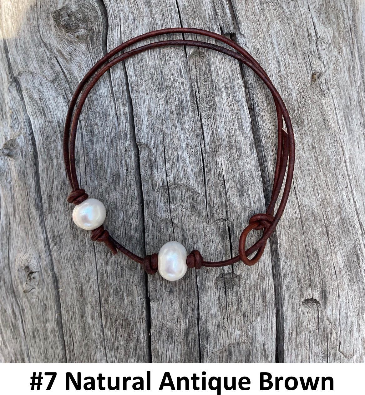 Single White Pearl Necklace, #7  Natural Antique Brown Leather Cord