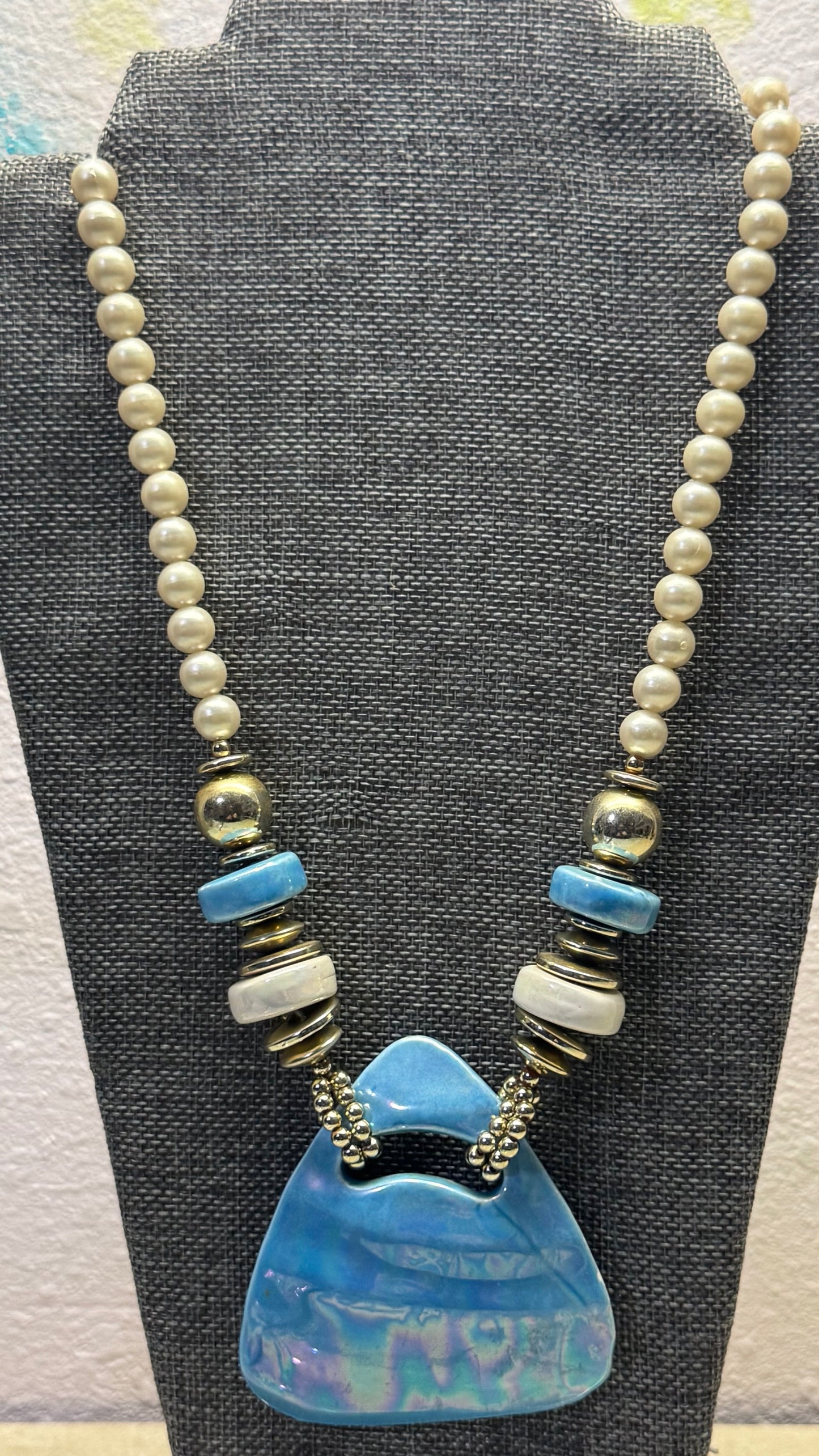 vintage artisan-crafted ceramic and pearl collar necklace 26” length