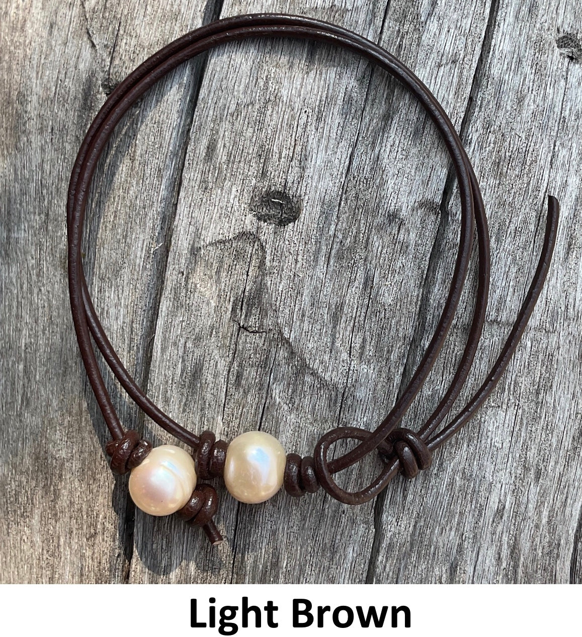 Single Pink Pearl Necklace, #4 Light Brown Leather Cord