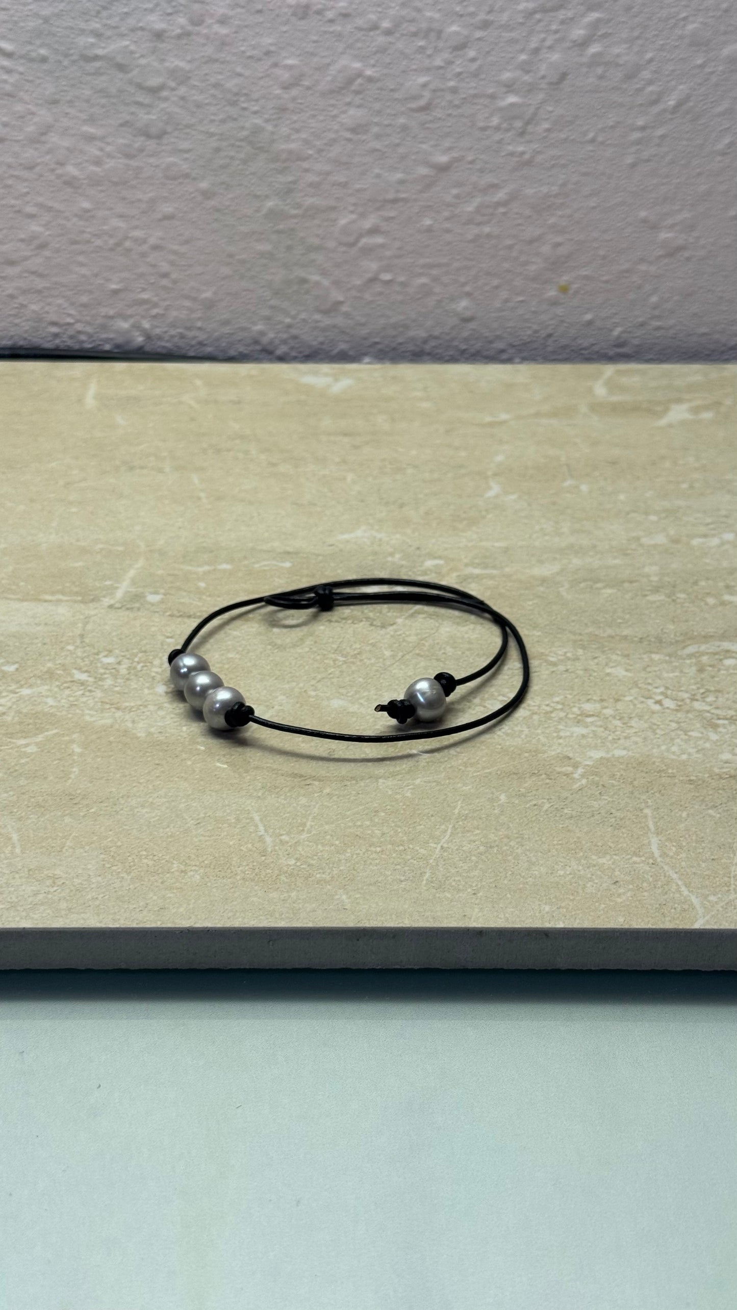 Triple Gray Pearl Necklace, #1 Black Leather Cord