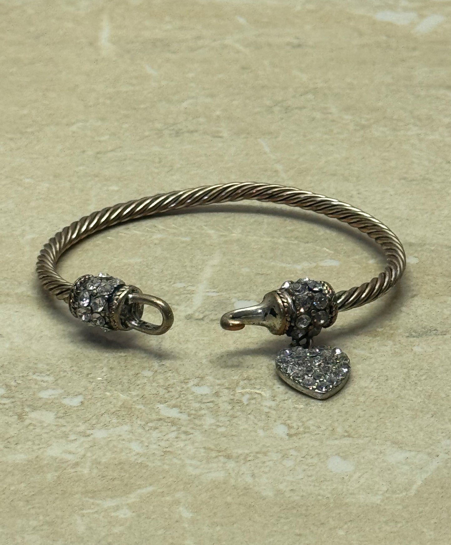 Vintage Twisted Cable Silver-Tone Cuff Bracelet with Rhinestone Accents and Pavé Heart Charm