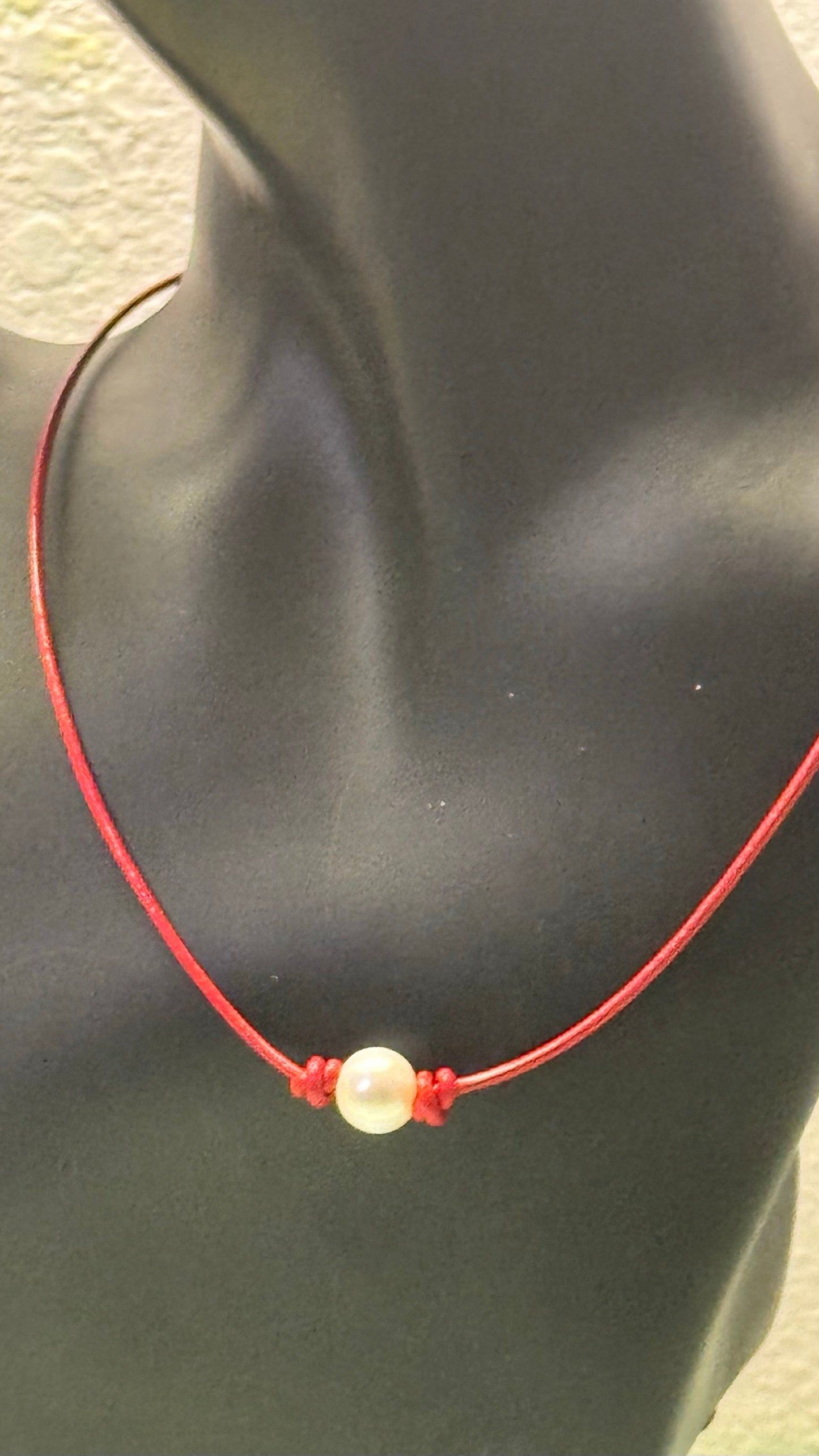 Single White Pearl Necklace, #15 Red Leather Cord