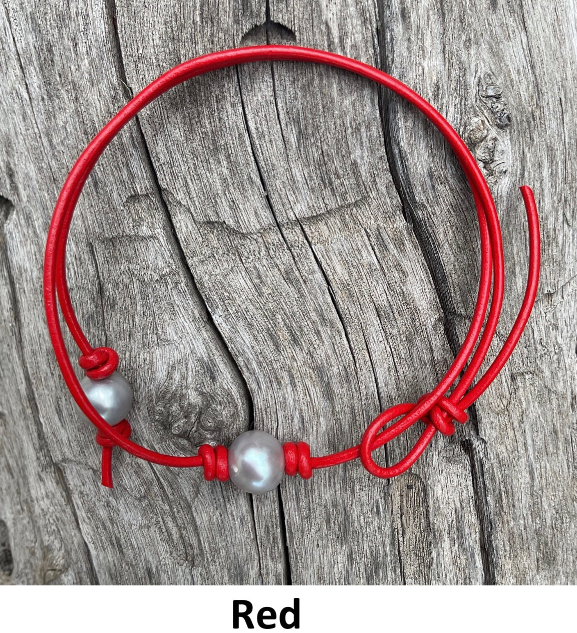 Single Gray Pearl Necklace, #15 Red Leather Cord