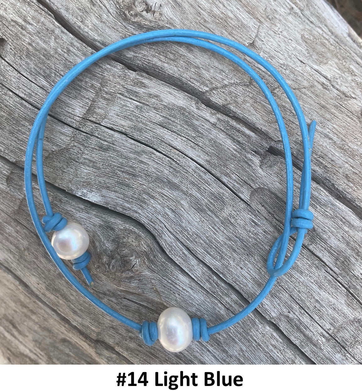 Single White Pearl Necklace, #14 Light Blue Leather Cord