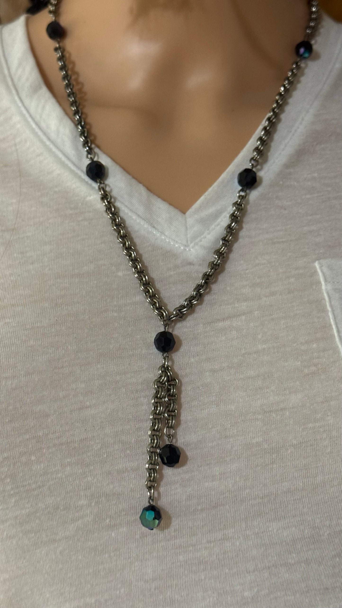 Vintage silver chan necklace with black charms 22” length