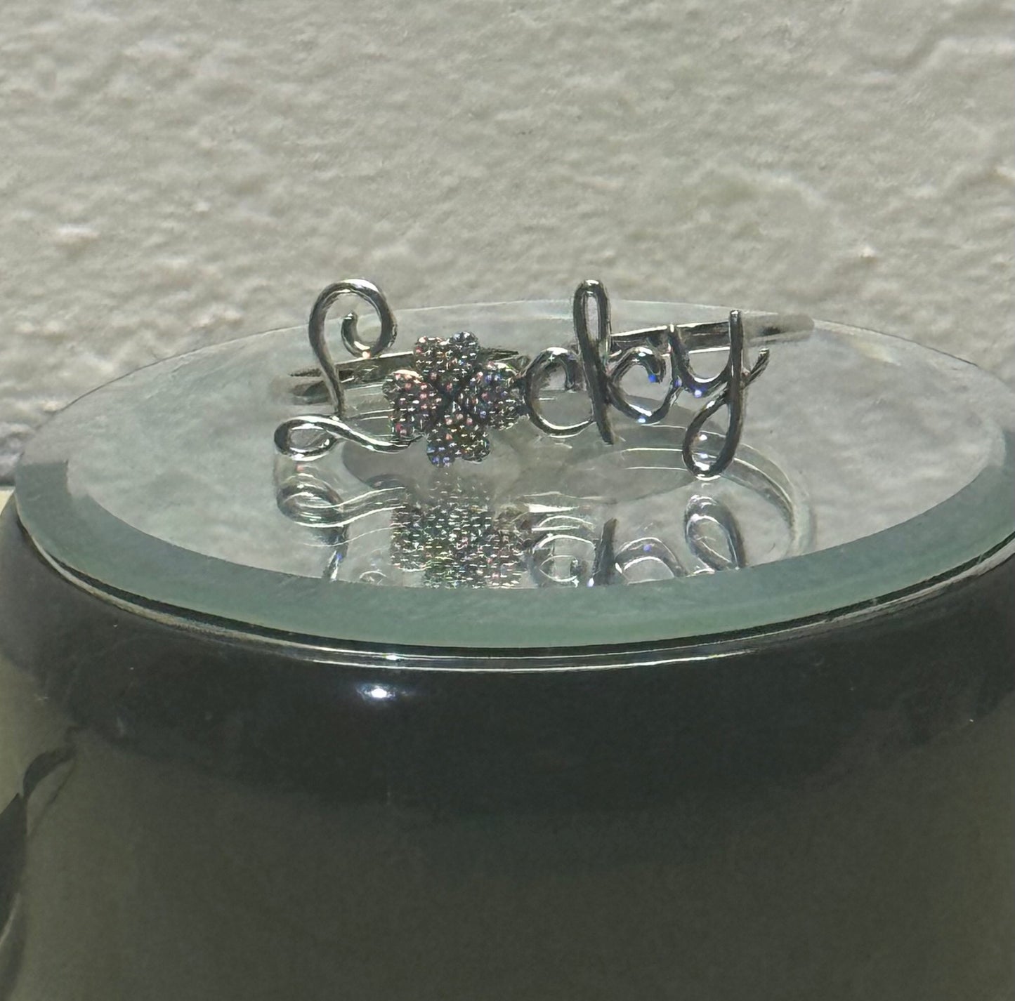Palace Jewelers Two-Finger "Lucky" Script Ring with Pavé Four-Leaf Clover. SIVE 7 Sterling Silver