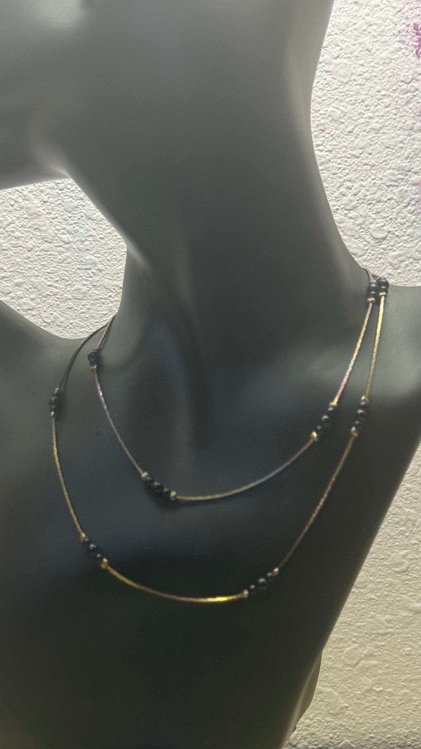 minimalist double-layer liquid silver and black bead necklace 28” length