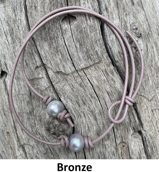 Single Gray Pearl Necklace, #17 Bronze Leather Cord