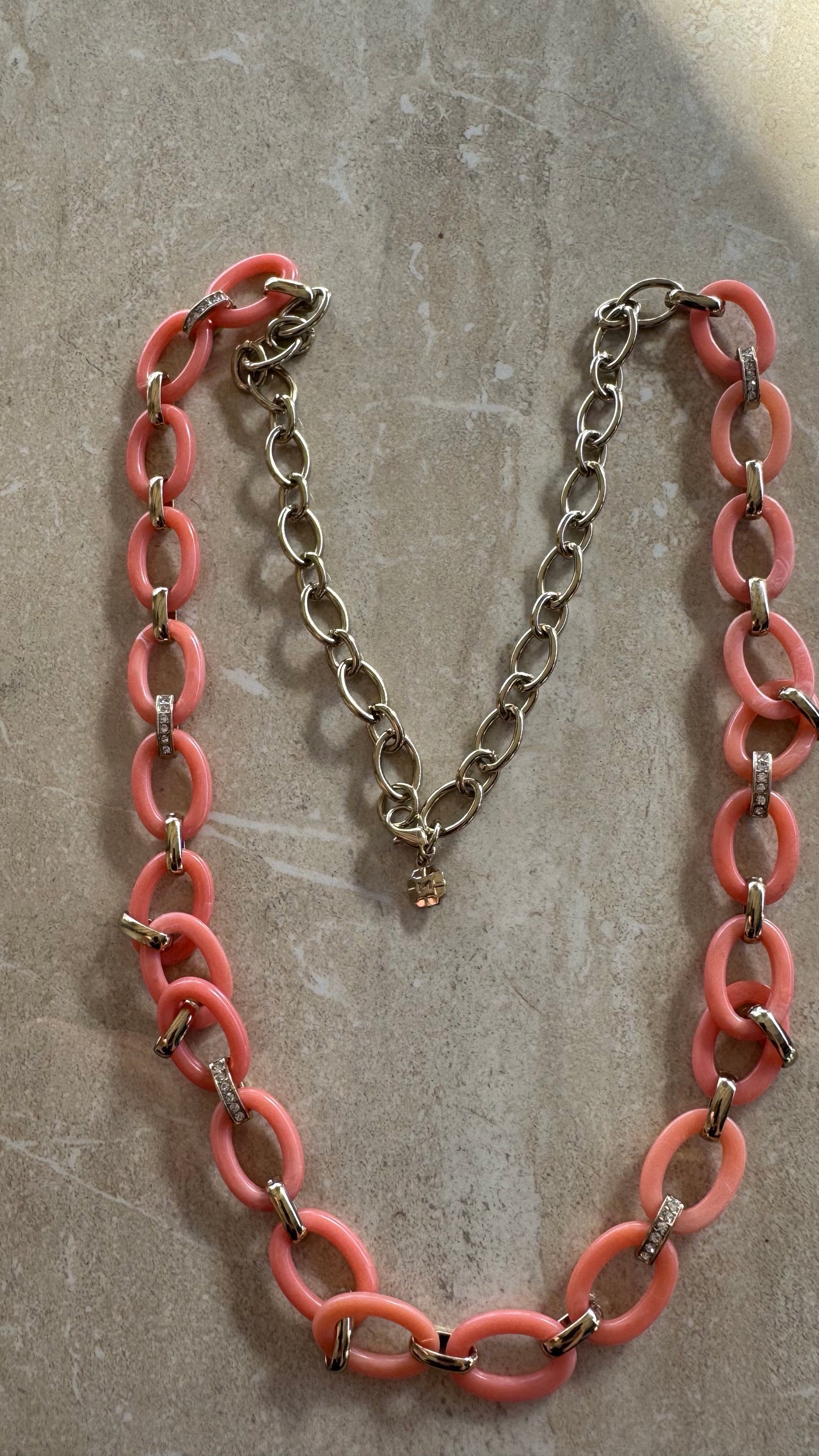 Vintage Monet Necklace Peach Coral Resin & Rhinestone Link Statement Necklace 35” long