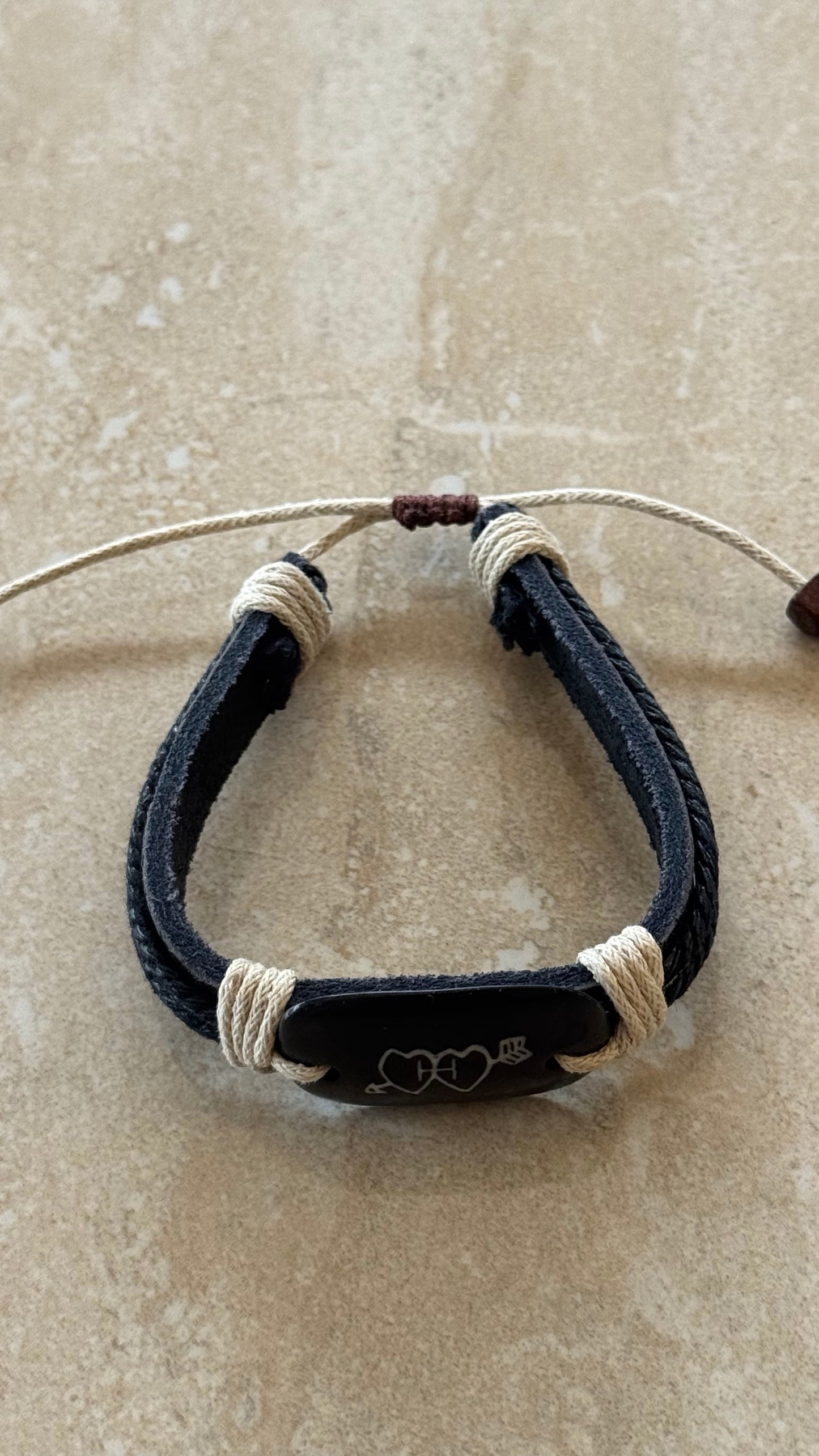 Black and white heart arrows pendant rope bracelet adjustable