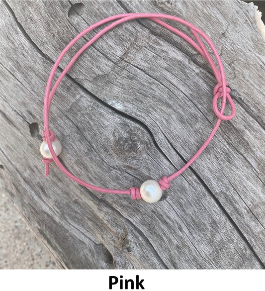 Single White Pearl Necklace, #10 Pink Leather Cord