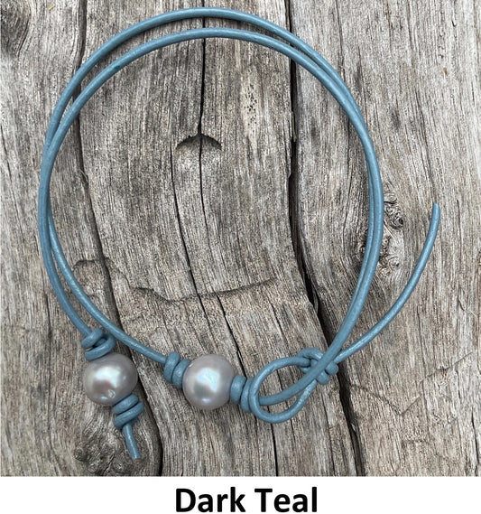 Single Gray Pearl Necklace, #16 Dark Teal Leather Cord