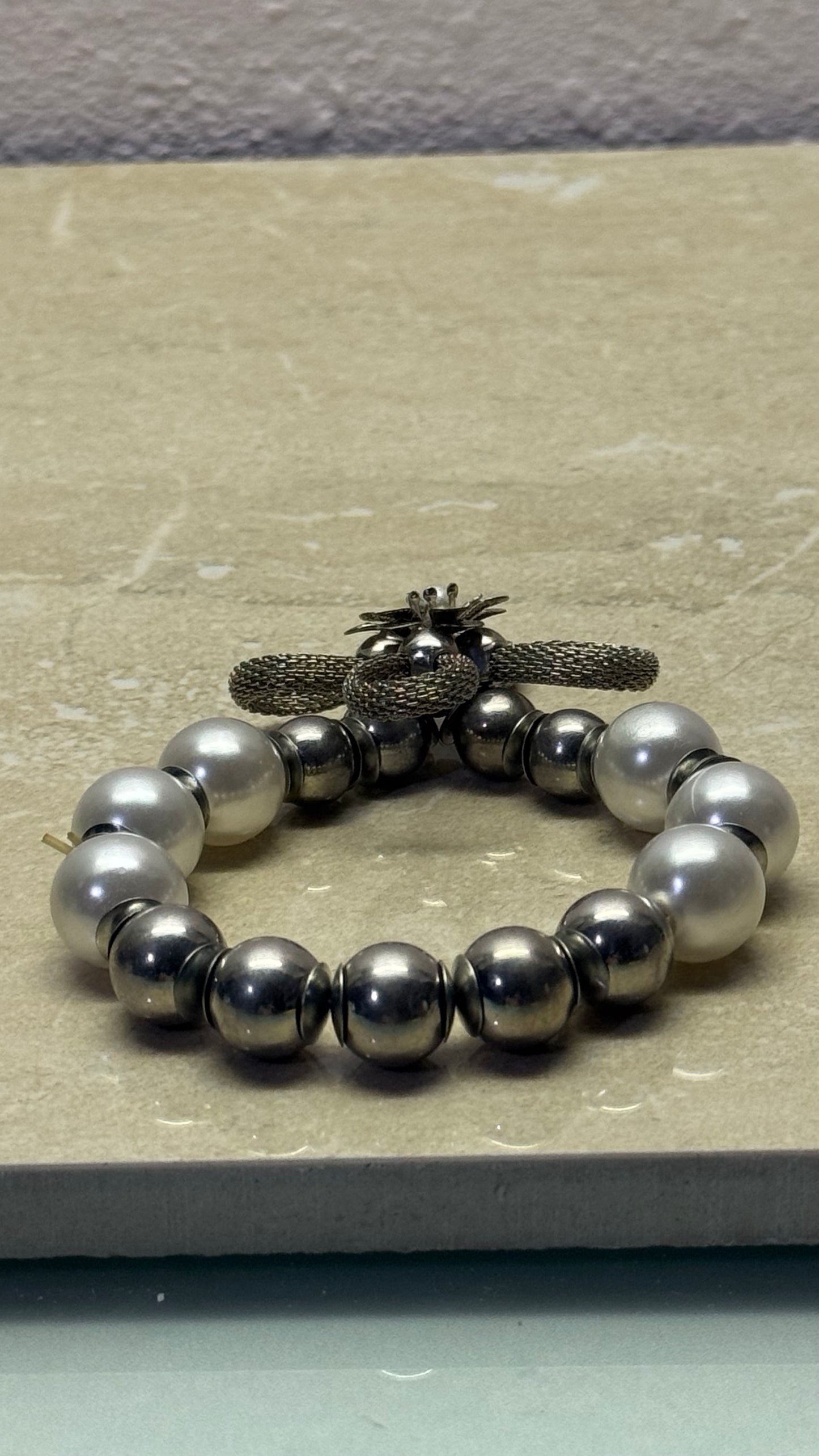 Silver Mesh Floral Bow Pearl Statement Bracelet