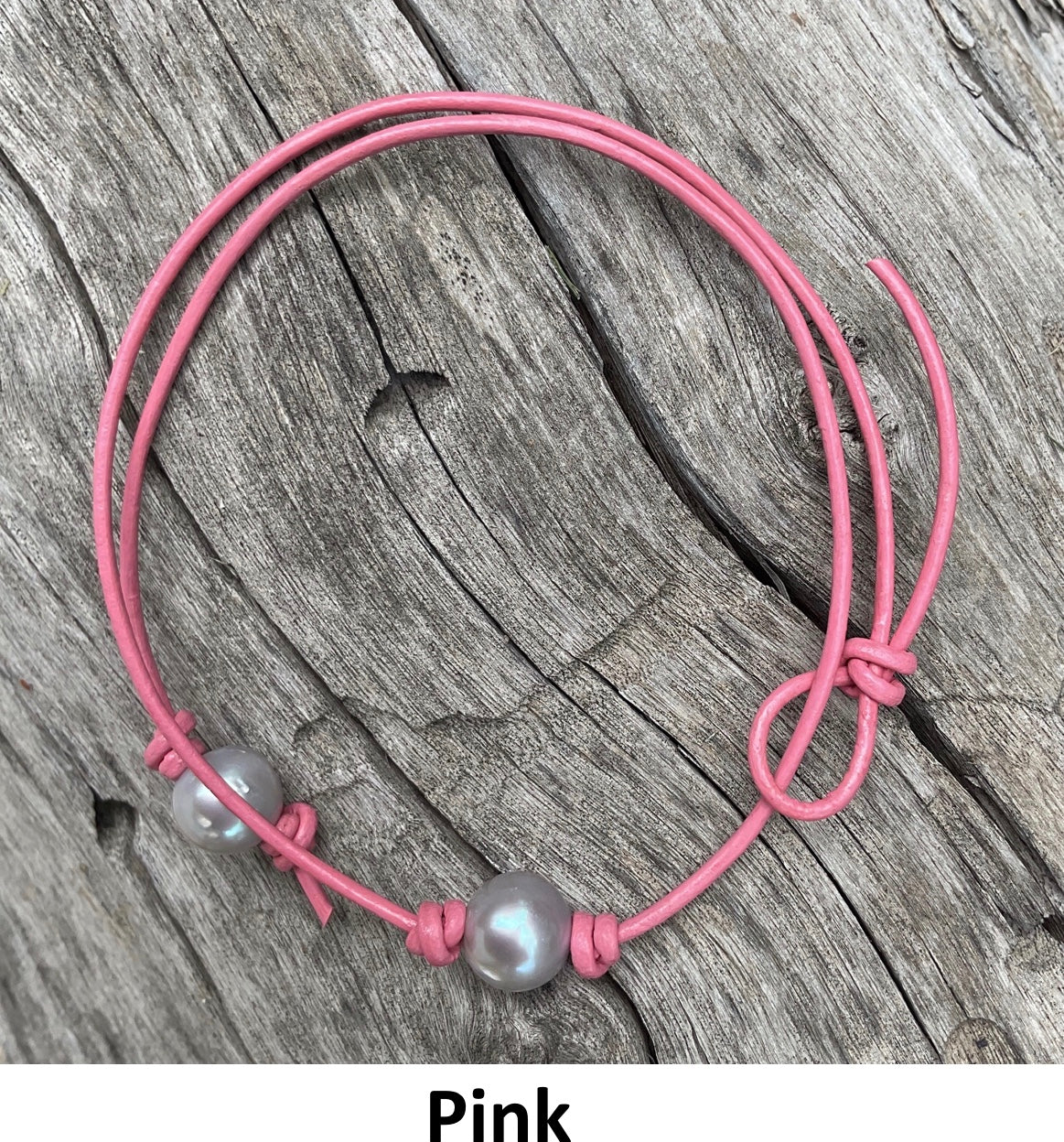 Single Gray Pearl Necklace, #10 Pink Leather Cord