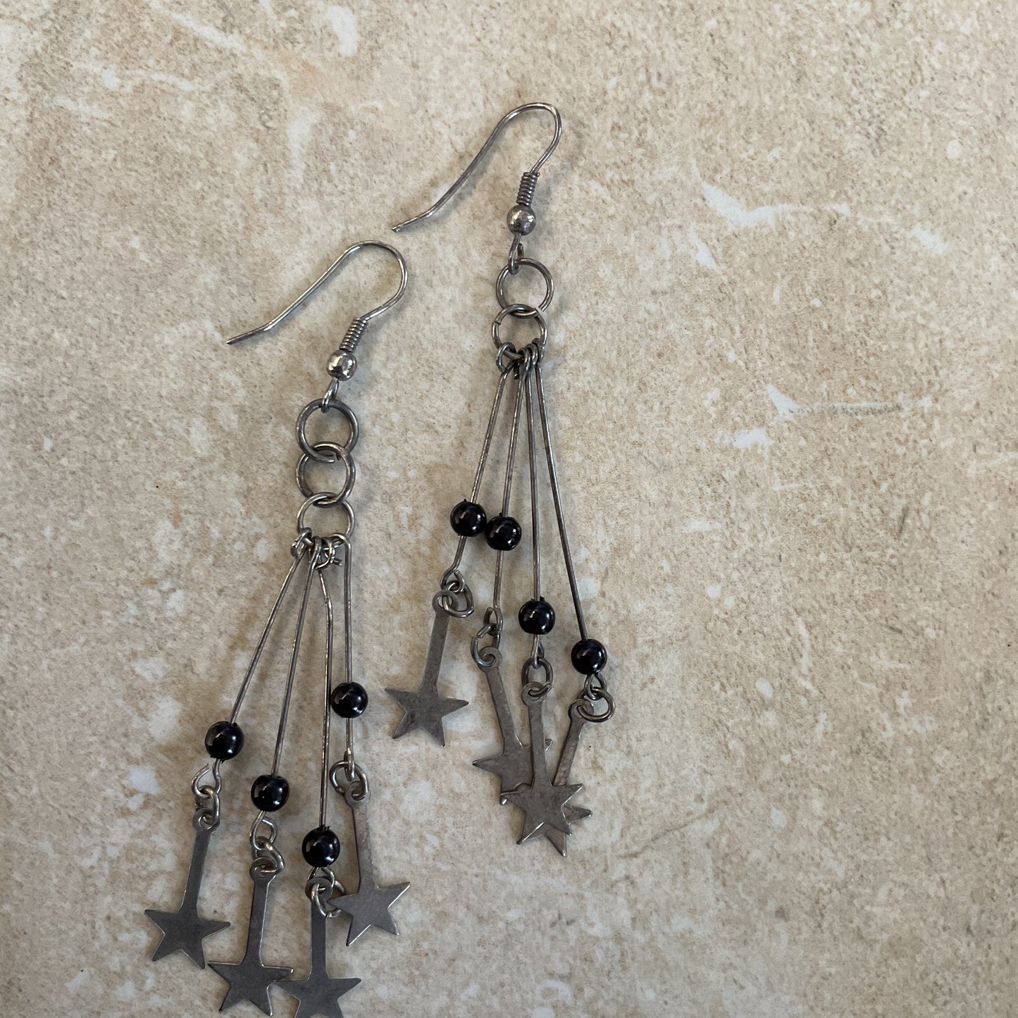 Silver-tone Long Stars And Black Beads Women’s Drop Earrings