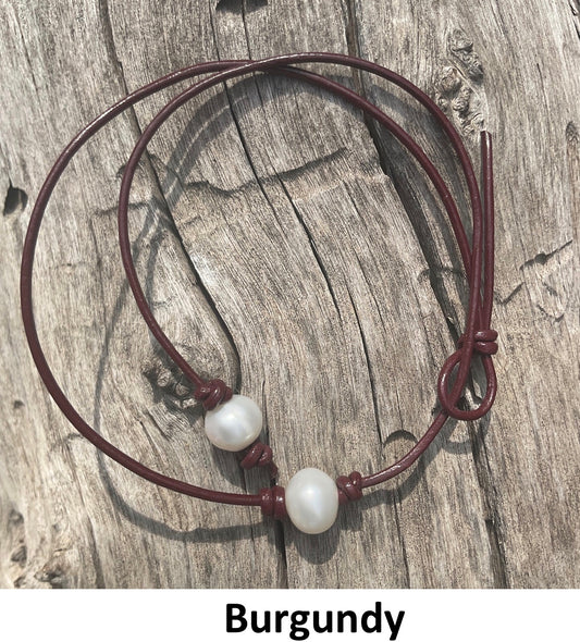 Single White Pearl Necklace, #20 Burgundy Leather Cord