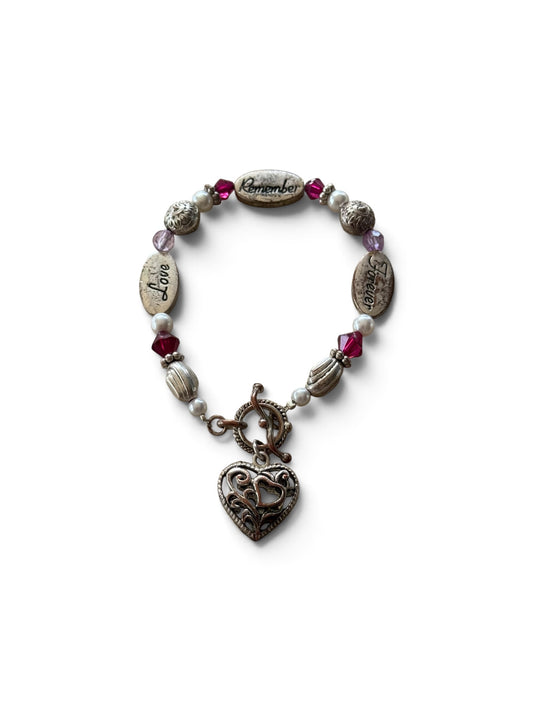 Vintage Silver-Tone "Love, Remember, Forever" Beaded Charm Bracelet with Filigree Heart Pendant 7(1/2) inch size