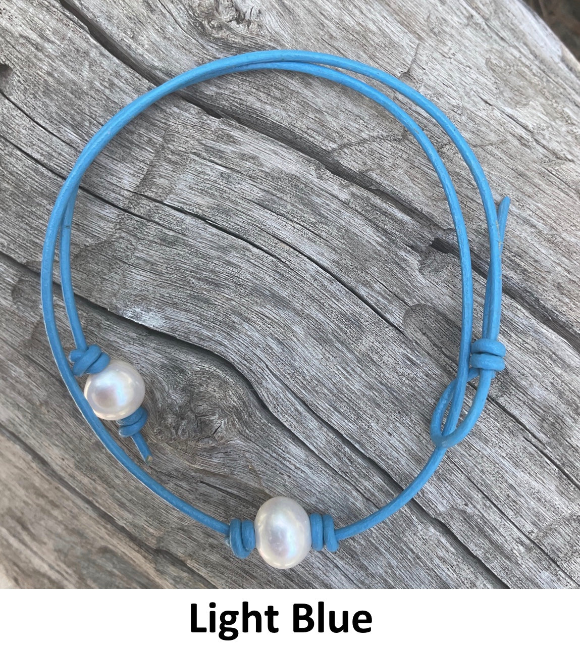 Single White Pearl Necklace, #14 Light Blue Leather Cord